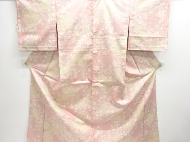 未使用品　草花模様織出し手織り紬単衣着物